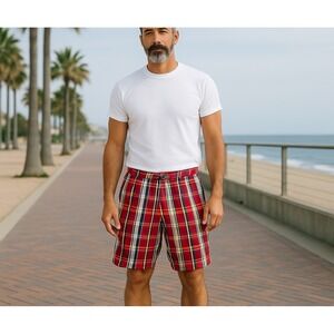 Haggar Mens Bermuda Shorts Red Tartan Plaid 40 Regular Fit Cotton 10" Inseam NWT